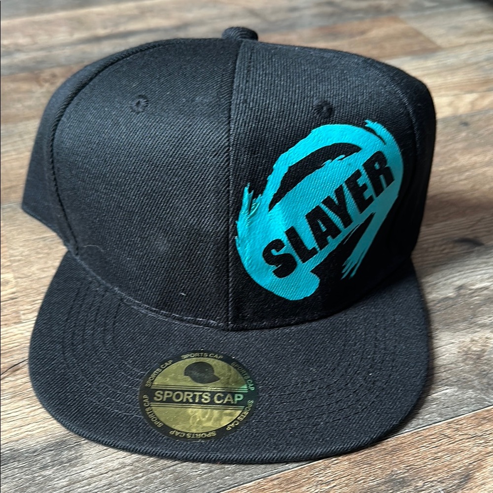 Black “SLAYER” Graphic Snapback Hat – Blue Slash Design